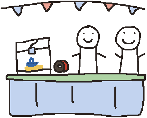 A hand-drawn booth: bunting overhead, two people standing behind a table holding a 3D printer, a print and a roll of filament.