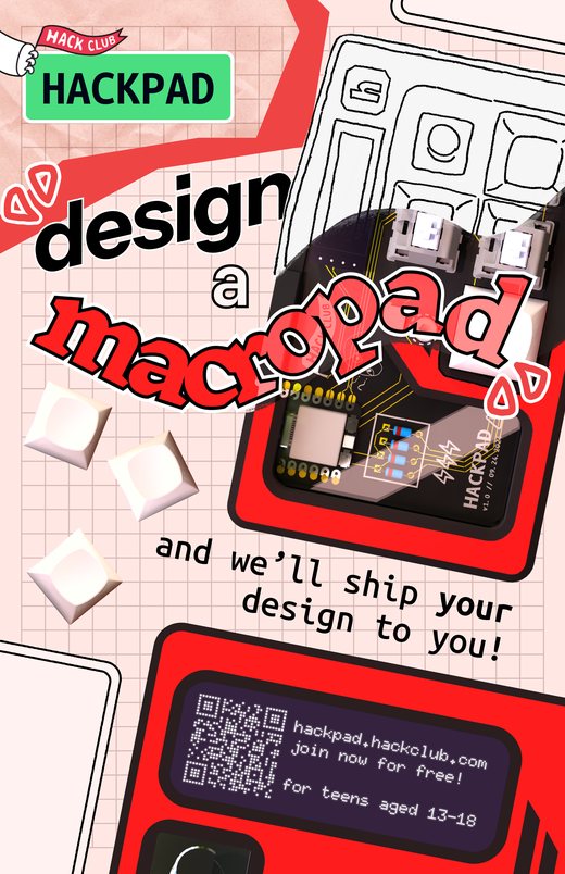 A Hack Club poster for Hackpad: bold type over a photo of a red macropad circuit board.
